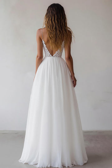White A-Line Appliqued Spaghetti Straps Engagement Dress